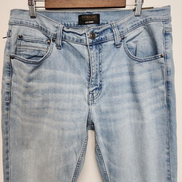 Brothers and Sons Light Wash Stretch Slim Straight Jeans Mens 36X32 Distressed - Picture 3 of 12